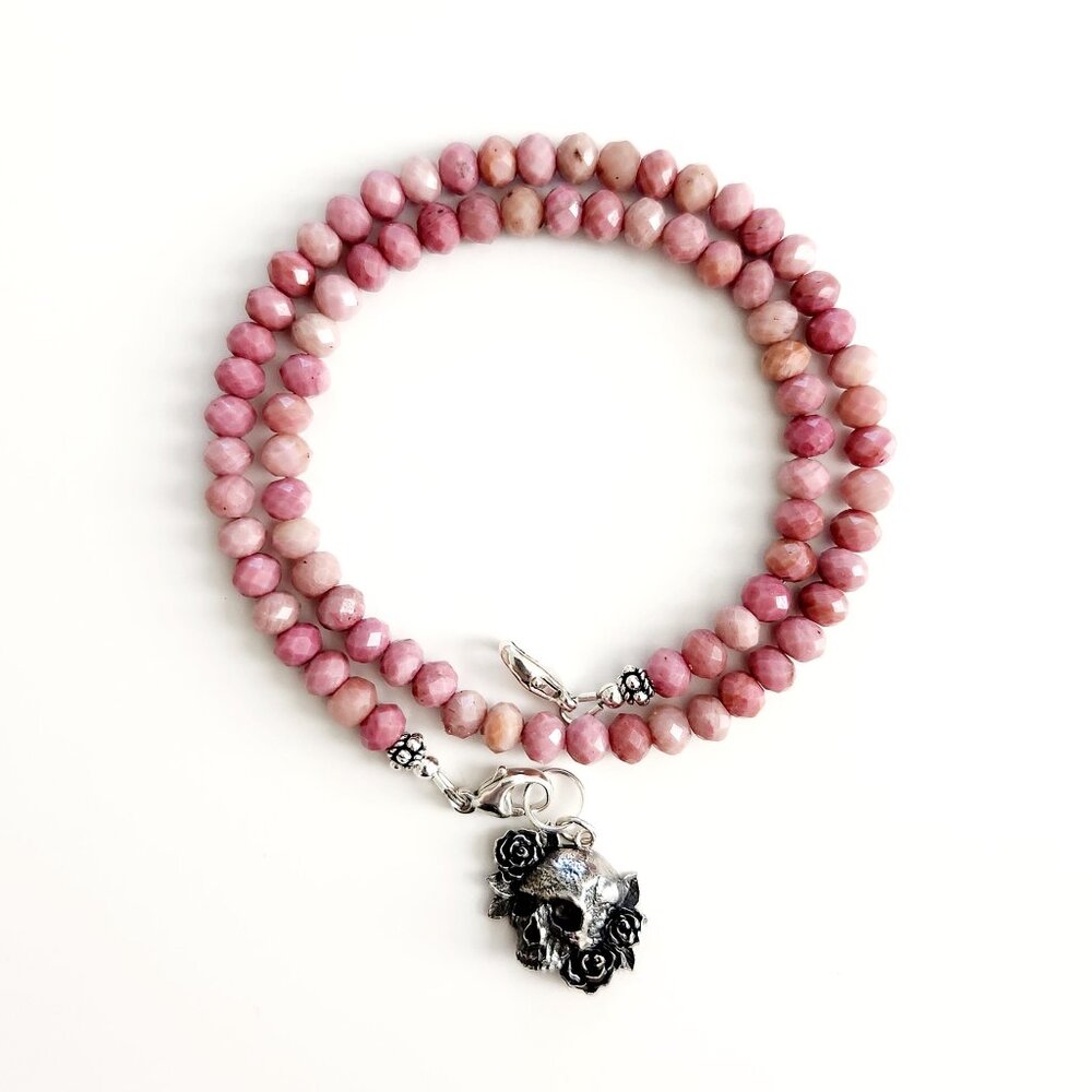 RHODONITE SEMI-PRECIOUS GEMSTONE NECKLACE W/ 925 SILVER ROSE SKULL-16"